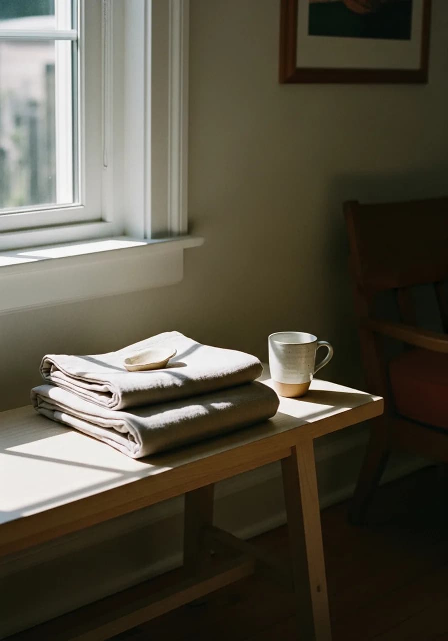 Folded linen by a sunlit window