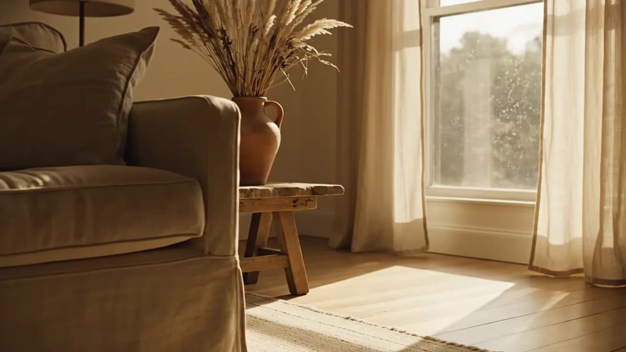 A warm, sunlit living room with linen and terracotta