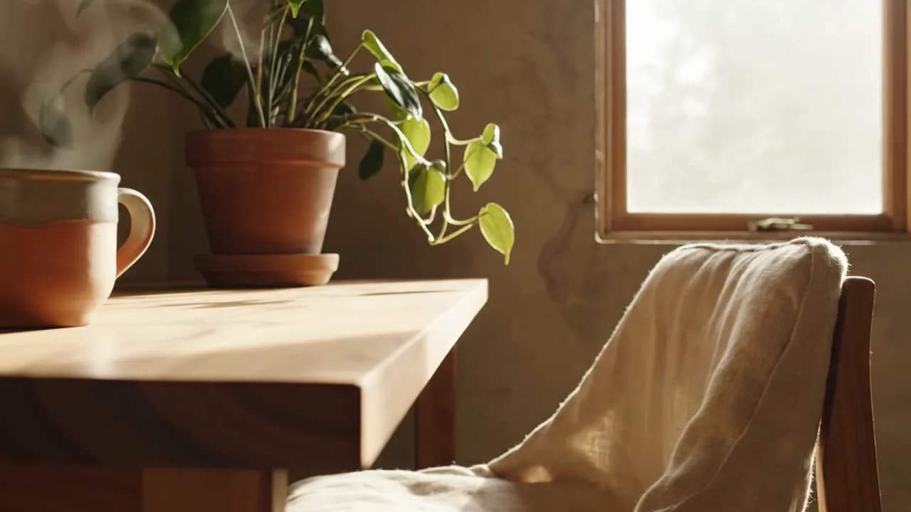A calm home workspace beside a window